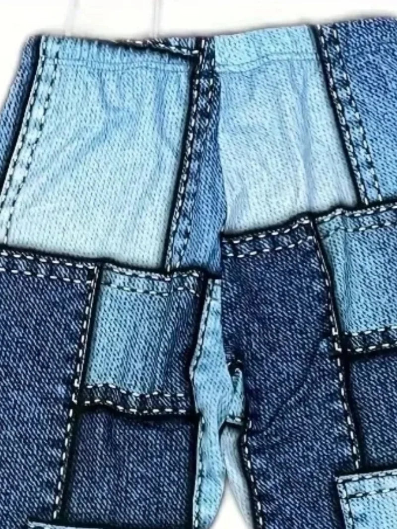 Plus-size Women's Fashion High-waisted Leggings Casual Imitation Denim Plaid Elastic Printed Leggings Casual Foot Pants