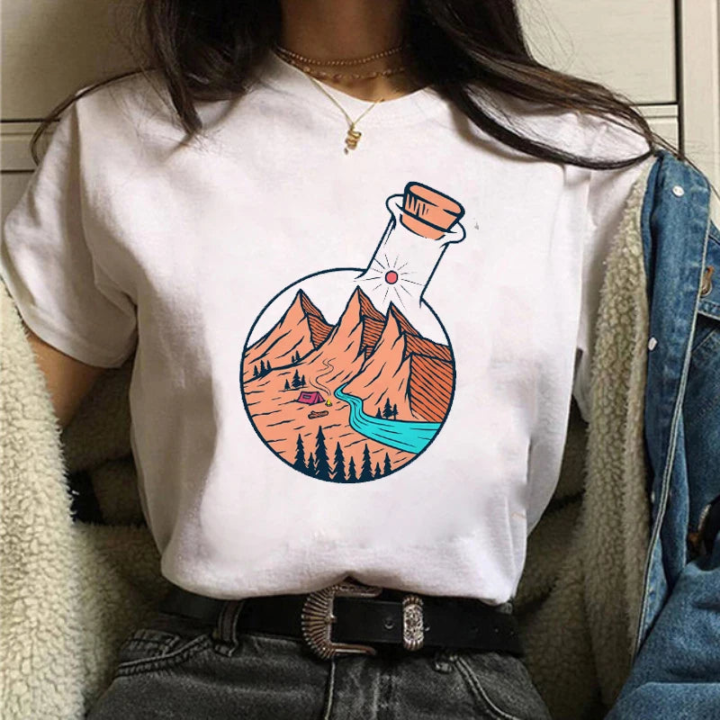 Maycaur Women Graphic Forest Mountain T Shirts Casual 90s Ulzzang Summer Printing Lady Clothes Tops Tees Print Female Tshirts