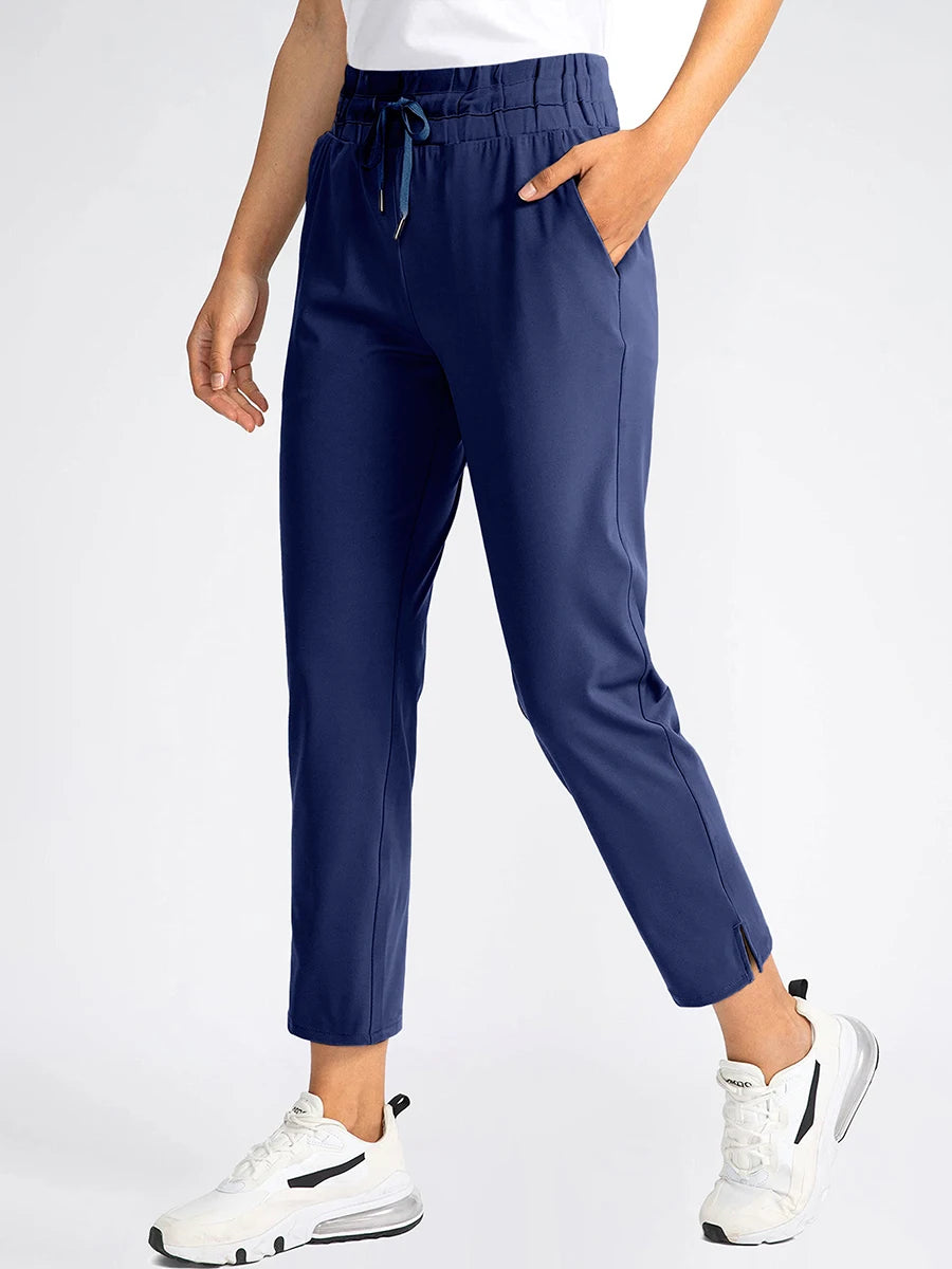 Women's Elastic High Waist Black Ankle Trousers Casual Loose Straight Leg Pants Drawstring Pockets Commuter Joggers Office