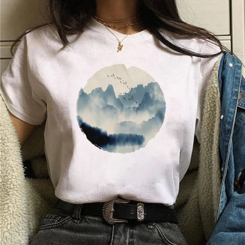 Maycaur Women Graphic Forest Mountain T Shirts Casual 90s Ulzzang Summer Printing Lady Clothes Tops Tees Print Female Tshirts