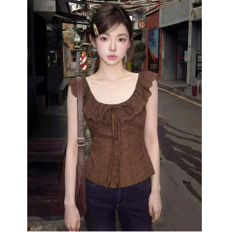 Lacing Sleeveless Ruffles Button Solid Korean Tops Tees Summer Hollow Out Slim Temperament T Shirts Korean Fashion Women Clothes