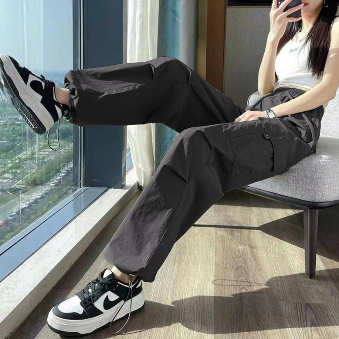 Women's High-Waist Wide-Leg Casual Sports Pants Comfortable Breathable Hiking Trousers