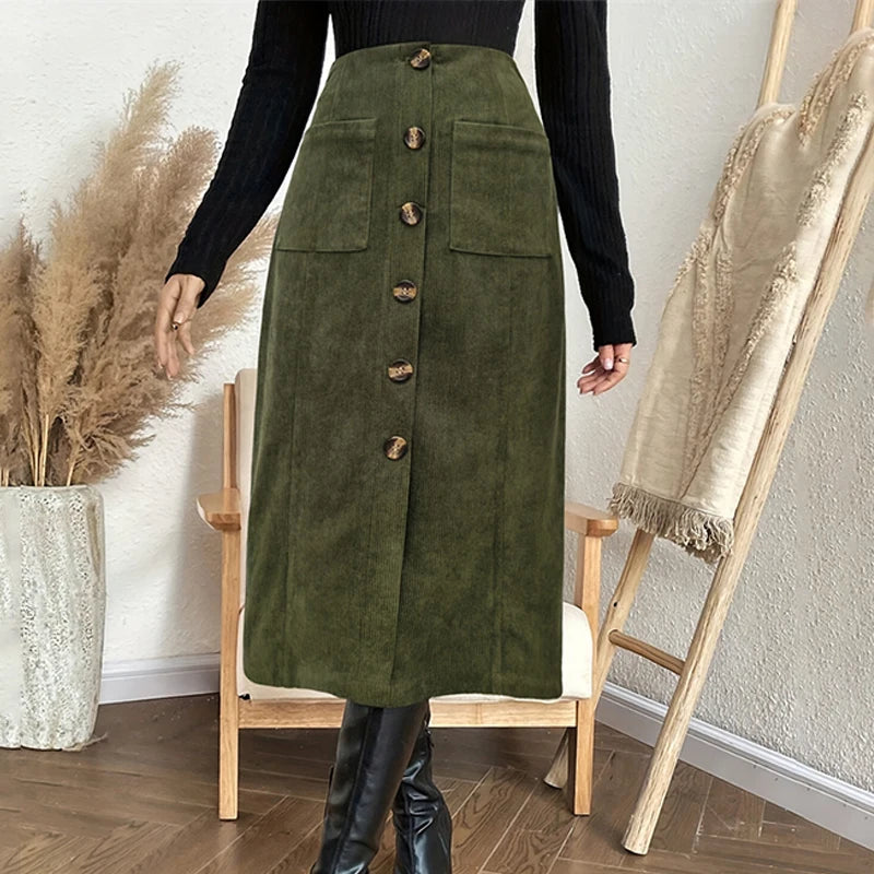 Vintage Green High Waist Midi Skirt Women Button Up Pocket A-Line Long Skirts Autumn Winter Ladies Casual Streetwear Jupe Femme