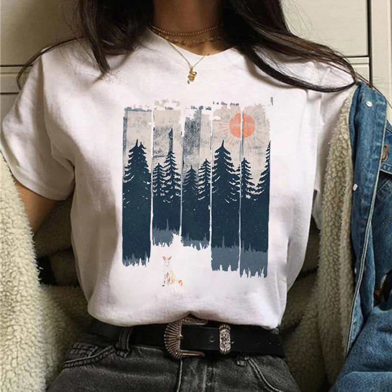 Maycaur Women Graphic Forest Mountain T Shirts Casual 90s Ulzzang Summer Printing Lady Clothes Tops Tees Print Female Tshirts