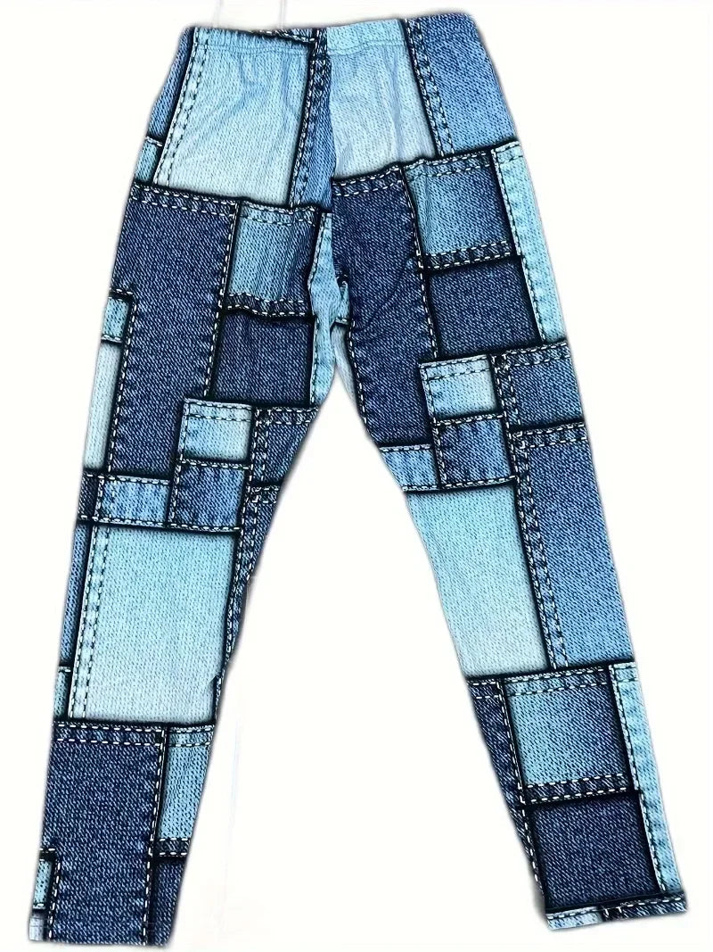 Plus-size Women's Fashion High-waisted Leggings Casual Imitation Denim Plaid Elastic Printed Leggings Casual Foot Pants