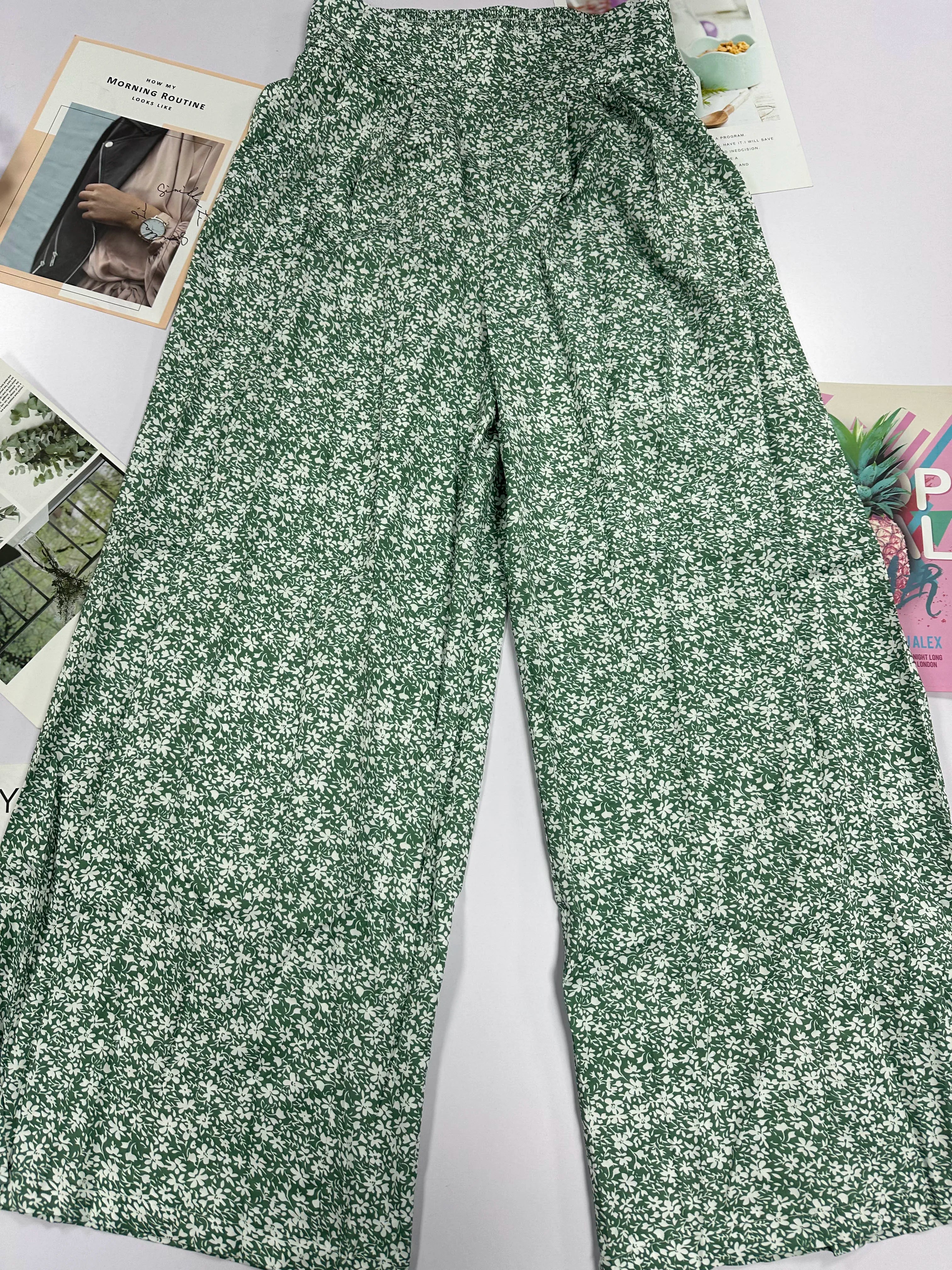 2024 New Red Green Blue Black Floral High-Waisted Bell-Bottoms Pants Loose and Comfortable Slim Ladies Design Feeling Pants