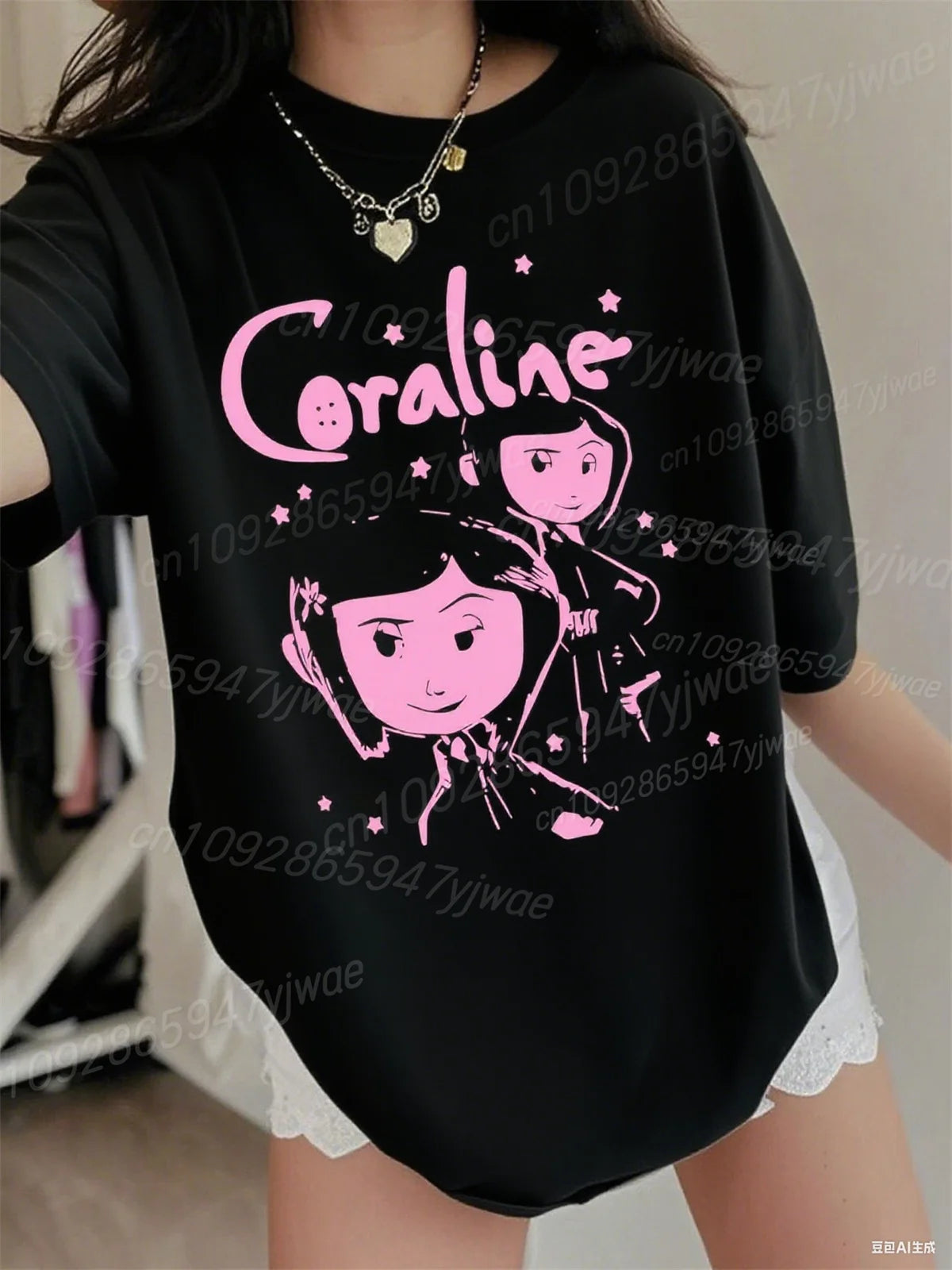 Womens' High-Quality Cotton T-Shirt Coraline 3d Graphic Short Sleeved O-Neck Loose&Breathable Comfortable Streetwear Casual Top