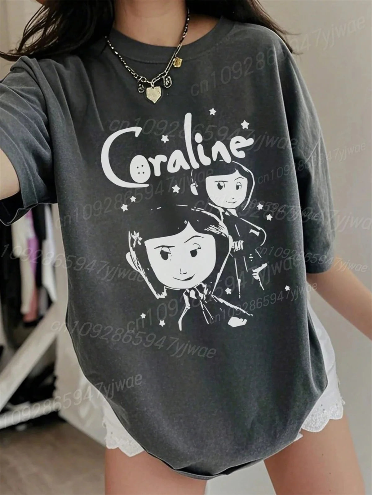 Womens' High-Quality Cotton T-Shirt Coraline 3d Graphic Short Sleeved O-Neck Loose&Breathable Comfortable Streetwear Casual Top