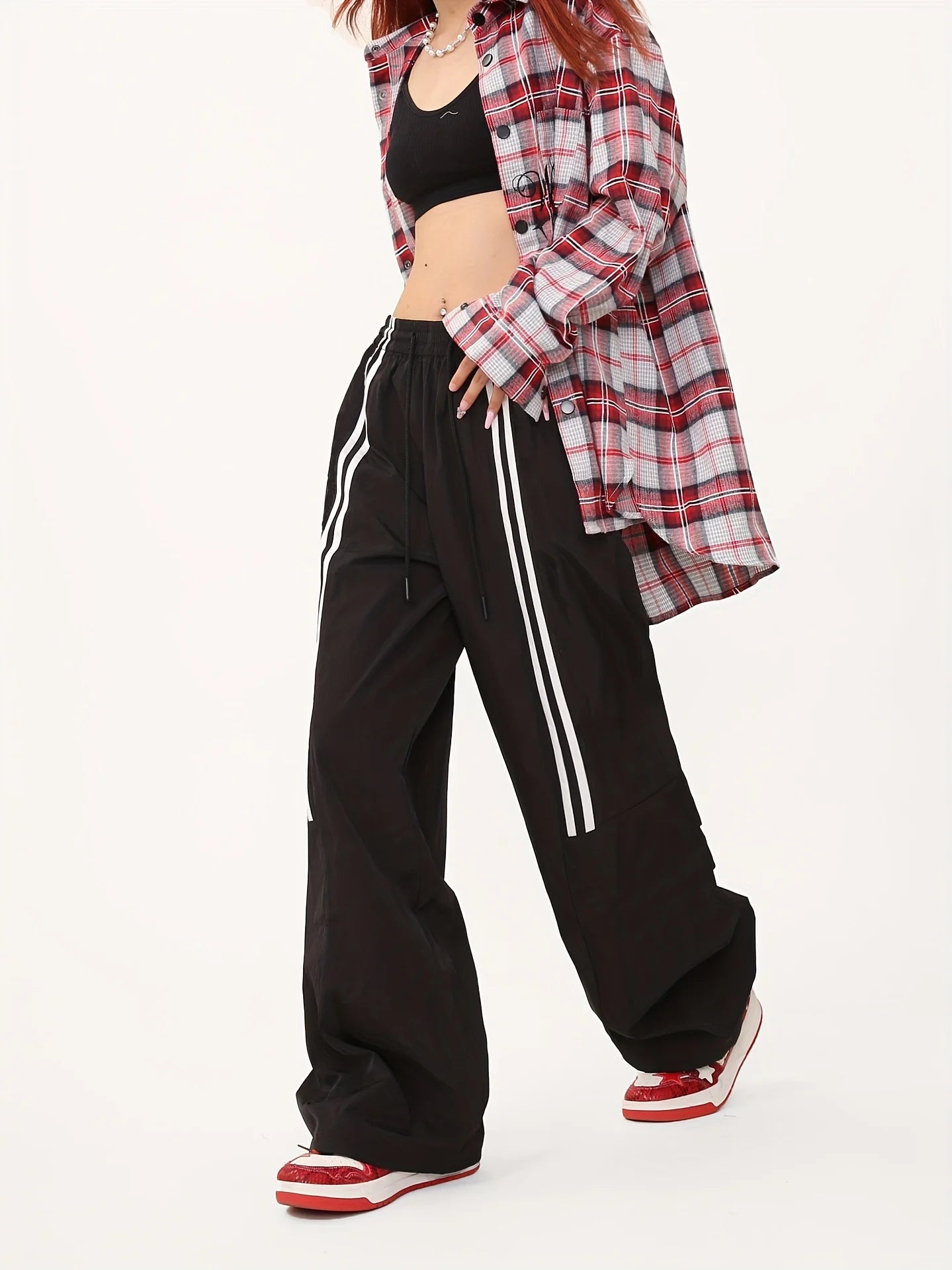 Black American High Street Color Block Striped Sports Pants Women Summer Thin New Breathable Quick Dry Casual Wide Leg Pants