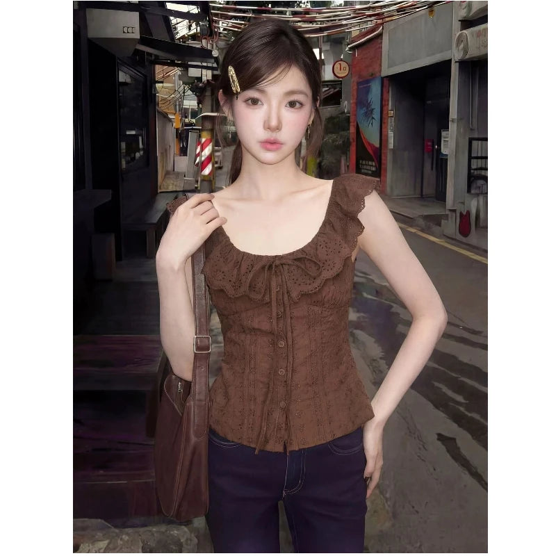 Lacing Sleeveless Ruffles Button Solid Korean Tops Tees Summer Hollow Out Slim Temperament T Shirts Korean Fashion Women Clothes