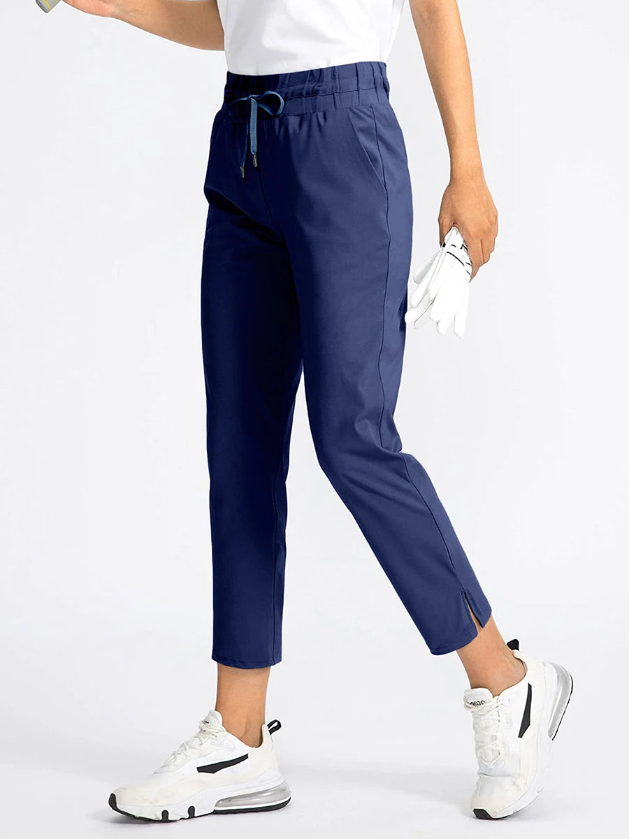 Women's Elastic High Waist Black Ankle Trousers Casual Loose Straight Leg Pants Drawstring Pockets Commuter Joggers Office