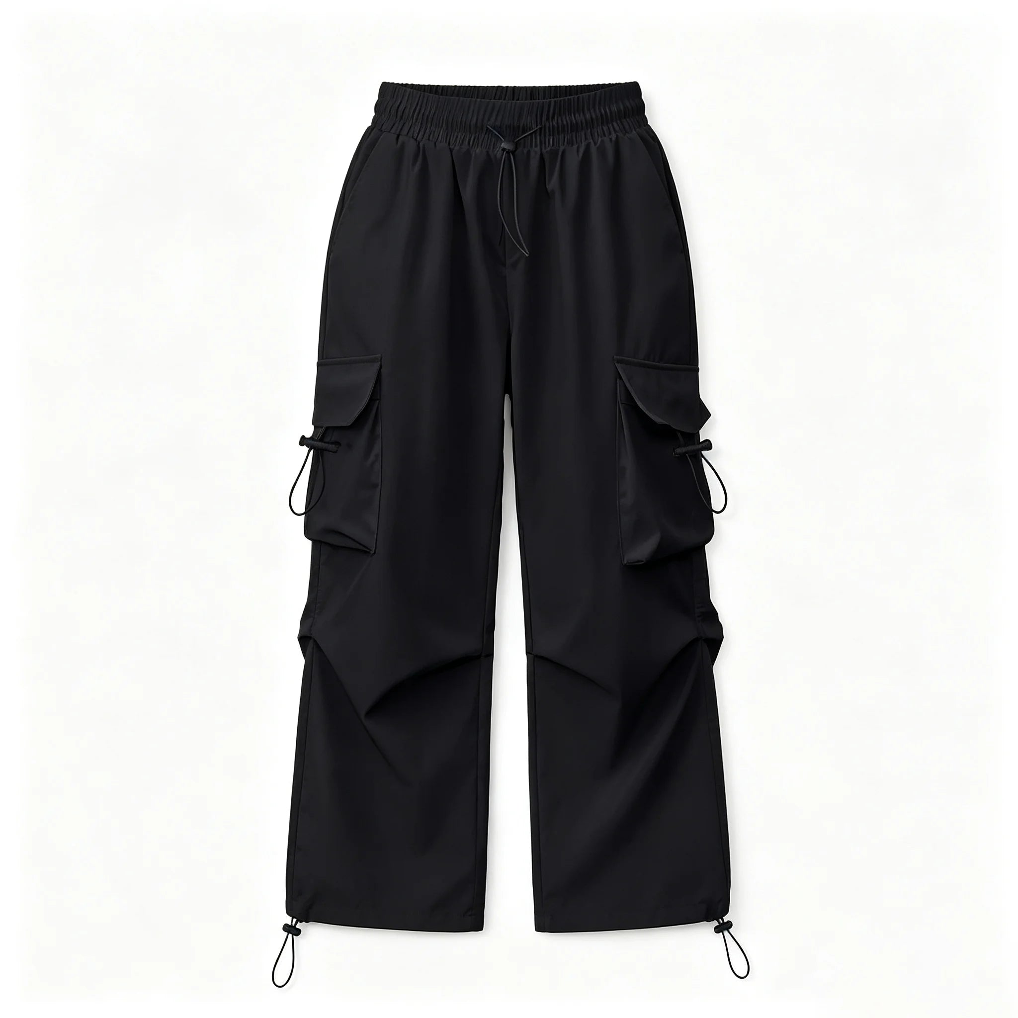 Women's Drawstring Waist Cargo Wide‑Leg Pants, elastic drawstring waist for easy wear without tightness. Large 3D cargo side poc