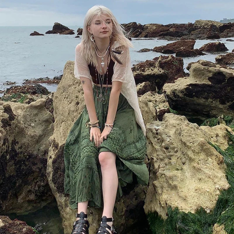 90s Vintage Boho Midi Skirts Fairycore Grunge Kawaii Bow High Waist Long Pleated Skirt Chic Women Retro Holiday Beach Streetwear