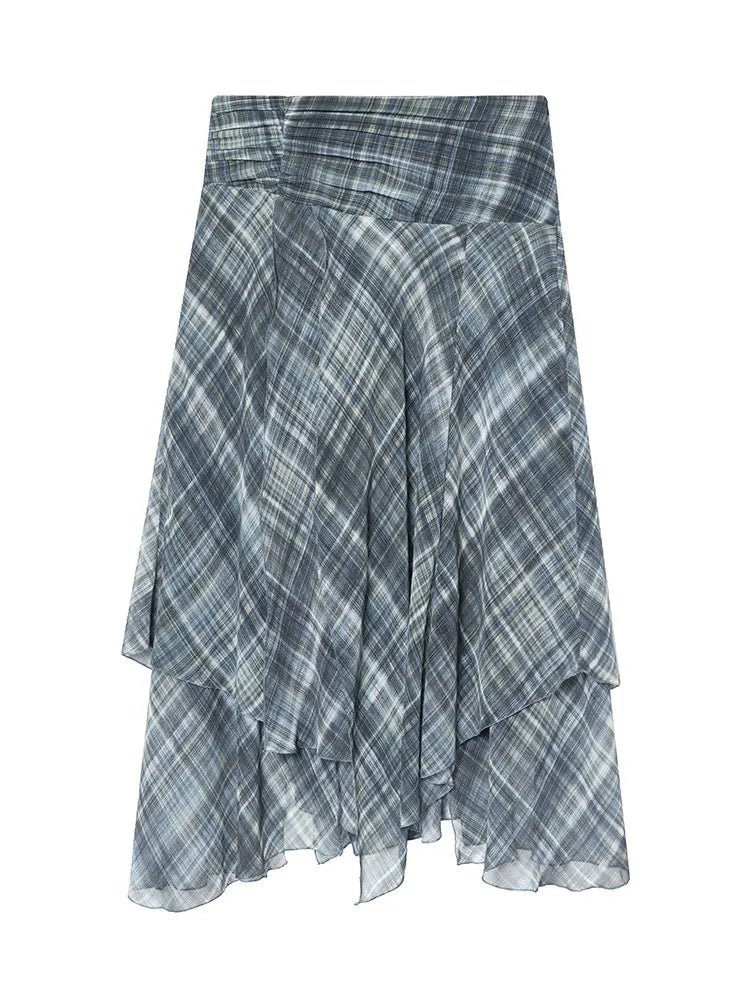 HH Women Vintage Plaid Midi Skirt Irregular Hem High Waist Pleated Skirts Female Casual Fashion High Street Lady Chic Skirts