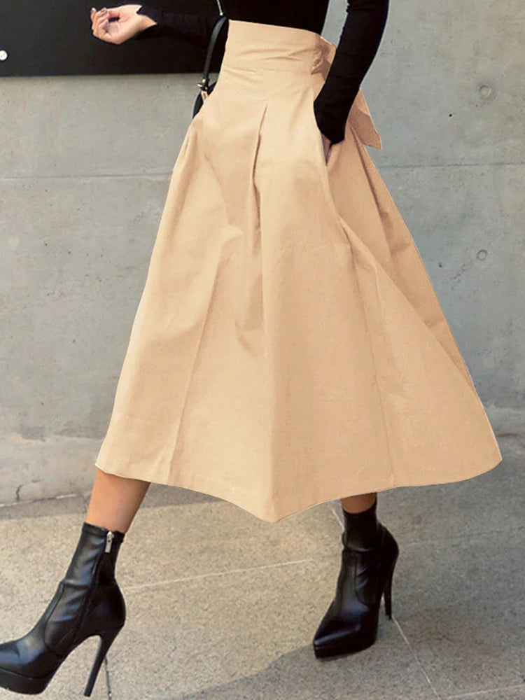 Stylish Solid A-line Skirts for Women Preppy School Style High Elastic Waist Long Skirt With Bow Woman Clothing Women's Skirts