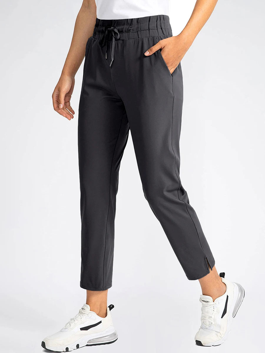 Women's Elastic High Waist Black Ankle Trousers Casual Loose Straight Leg Pants Drawstring Pockets Commuter Joggers Office