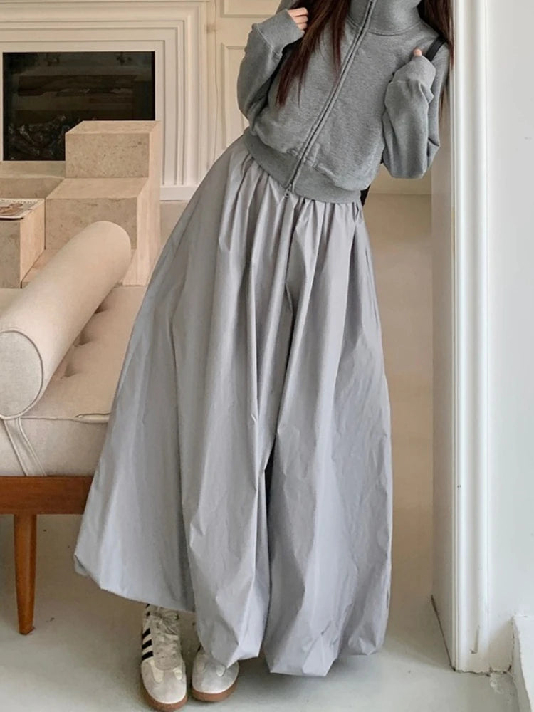 2026 Autumn New High Waist A-line Women Bud Skirt Flared Sporty Style Casual Solid Color Daily Wear Midi Skirts
