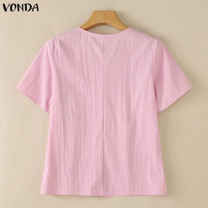 VONDA Casual Korean Style Tunics Women Tops Solid Color Casual Loose Short Sleeve Round Neck Blusas Fashion Elegant Blouse